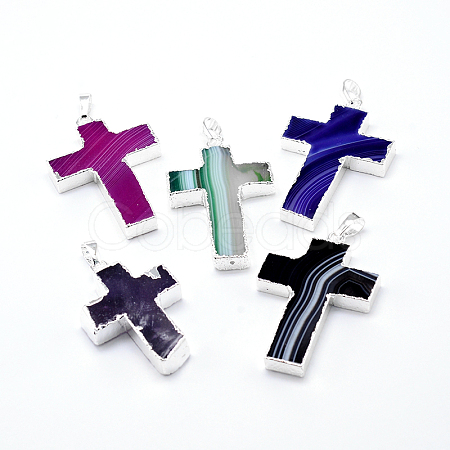 Dyed Natural Striped Agate/Banded Agate Cross Pendants G-P089-10-1