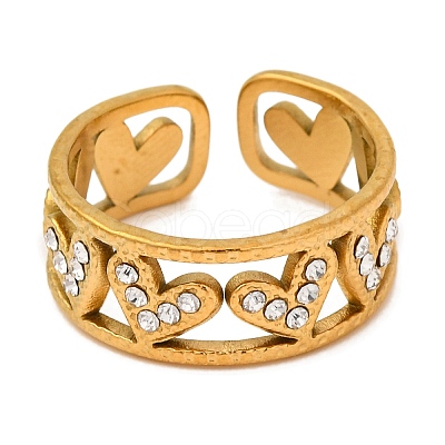 304 Stainless Steel Open Cuff Ring with Rhinestone for Women RJEW-Q822-37G-02-1