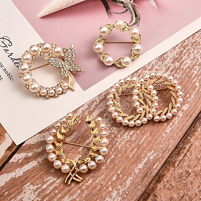 4Pcs 4 Style Butterfly & Leaf Plastic Imitation Pearl Beads Brooch JEWB-SZ0001-08-1