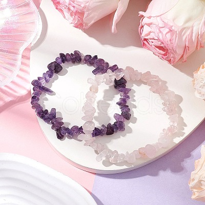 2Pcs 2 Style Natural Rose Quartz & Amethyst Chips Beaded Stretch Bracelets Set BJEW-JB11088-1