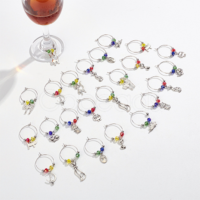 24Pcs 12 Style Tibetan Style Alloy Pendant & Brass Ring Wine Glass Charms AJEW-AB00056-1