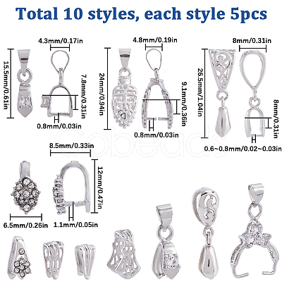 SUNNYCLUE 50Pcs 10 Styles Filigree Rack Plating Brass Pendant Pinch Bails KK-SC0005-57-1