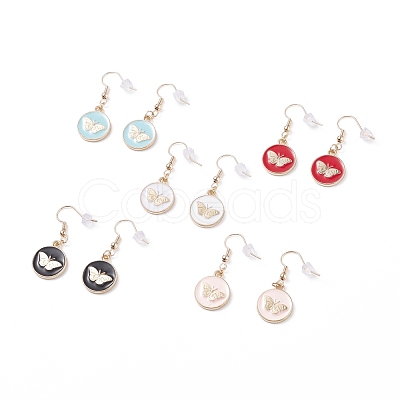 Flat Round with Butterfly Enamel Dangle Earrings EJEW-JE04862-1