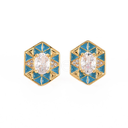 Brass Micro Pave Clear Cubic Zirconia Stud Earrings EJEW-S210-016A-NR-1