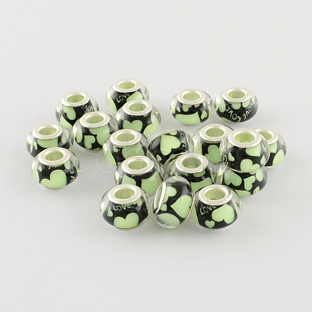 Large Hole Heart Pattern Resin European Beads with Silver Color Plated Brass Double Cores OPDL-R113-05C-1