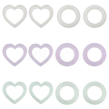 CHGCRAFT 12Pcs 6 Style Heart/Ring Glitter Silicone Beads SIL-CA0002-82-1