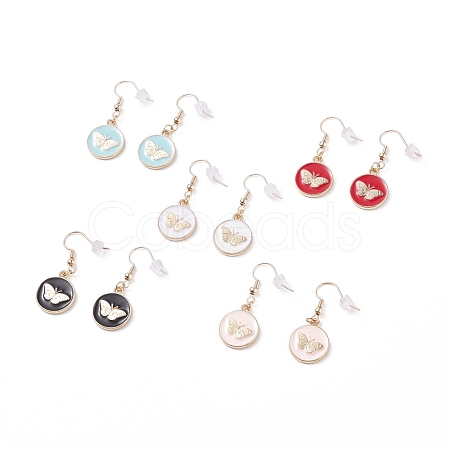 Flat Round with Butterfly Enamel Dangle Earrings EJEW-JE04862-1