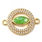 Rack Plating Brass Micro Pave Clear Cubic Zirconia Ring with Horse Eye Connector Charms, with Enamel & Shell, Real 18K Gold Plated, Long-Lasting Plated, Lead Free & Cadmium Free, Lime Green, 24x17x4.5mm, Hole: 1.6mm