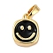 Brass Enamel Charms, Real 18K Gold Plated, Flat Round with Smile Face Charm, Black, 12.5x9.5x4mm, Hole: 4x2mm