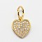 CZ Brass Micro Pave Cubic Zirconia Flat Heart Charms, Golden, 16x11x2mm, Hole: 5.5mm