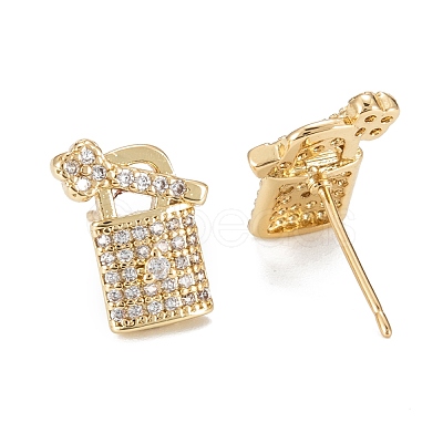 Padlock & Key Sparkling Cubic Zirconia Stud Earrings for Girl Women EJEW-H126-12G-1