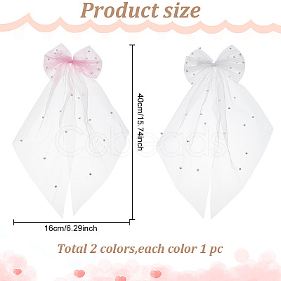 GOMAKERER 2Pcs 2 Colors Bowknot Long Mesh Tulle Bridal Veils with Hair Barrettes & Imitation Pearl OHAR-GO0001-10-1