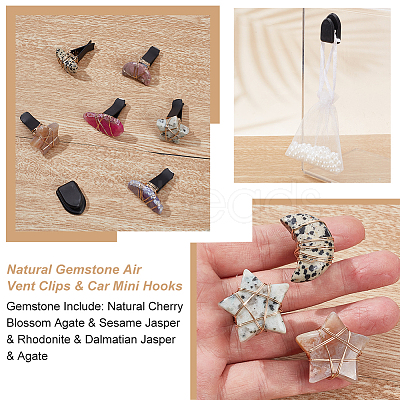 6Pcs 6 Style Teardrop Star Moon Natural Gemstone Air Vent Clips & 1Pc Resin Car Mini Hooks JEWB-AB00029-1