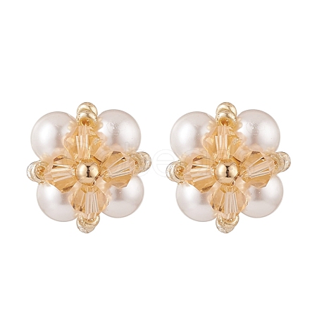 Glass Pearl Braided Flower Stud Earrings EJEW-TA00086-01-1
