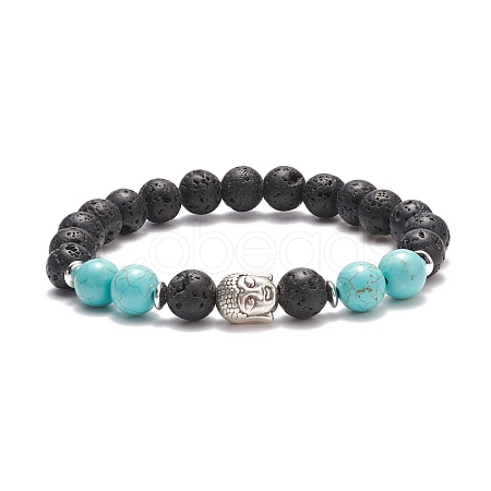 Natural Lava Rock & Synthetic Green Turquoise(Dyed) Stretch Bracelet with Alloy Beaded BJEW-TA00147-04-1