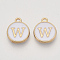 Golden Plated Alloy Charms, Cadmium Free & Lead Free, with Enamel, Enamelled Sequins, Flat Round with Letter, White, Letter.W, 14x12x2mm, Hole: 1.5mm