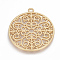 Alloy Pendants, Matte Style, Flat Round with Flower, Cadmium Free & Nickel Free & Lead Free
, Real 14K Gold Plated, 49.5x44.5x2.5mm, Hole: 3mm