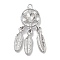 Rack Plating Alloy Rhinestone Pendants, Lead Free & Cadmium Free & Nickel Free, Woven Net/Web with Feather, Heart, Crystal, Platinum, 34x13x4mm, Hole: 2mm