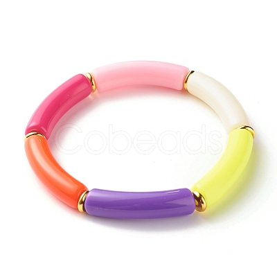 Candy Color Chunky Acrylic Curved Tube Beads Stretch Bracelet for Girl Women BJEW-JB07297-03-1