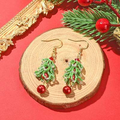 MIYUKI Delica Beaded Christmas Tree with Glass Pearl Dangle Earrings EJEW-MZ00090-1