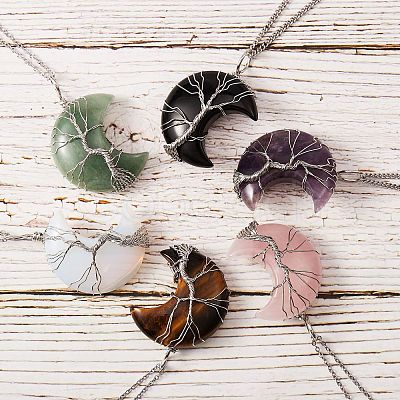 6Pcs 6 Style Natural & Synthetic Gemstone Tree of Life Wire Wrapped Pendants G-SZ0001-66-1