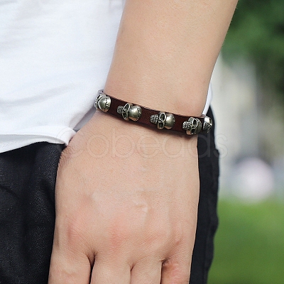 Alloy Skull Rivet Studded Cowhide Cord Bracelet SKUL-PW0004-33B-1