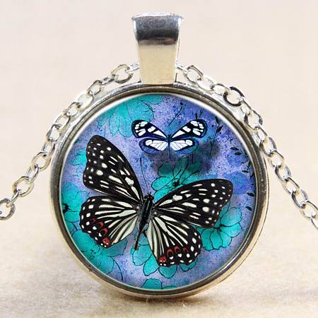 Butterfly Pattern Flat Round Glass Pendant Necklaces NJEW-N0051-008C-02-1