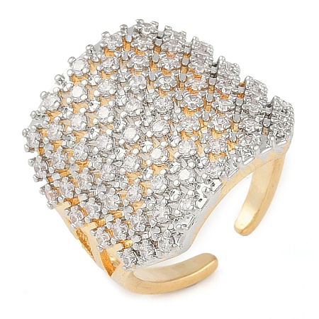 Square Brass Micro Pave Clear Cubic Zirconia Open Cuff Ring for Women RJEW-Q819-12G-1