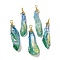 Electroplated Raw Rough Natural Quartz Crystal Big Pendants, Nuggets Charms with Copper Wire Loops, Golden, Teal, 40~48x13~23x10~20mm, Hole: 4.5~5mm