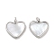 Brass Pave Shell Pendants, Heart Charms with Jump Ring, Platinum, 15x16.5x2.5mm, Hole: 3.5mm