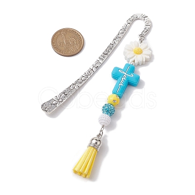 Silicone & Acrylic Cross Flower Tassel Bookmarks AJEW-JK00321-1