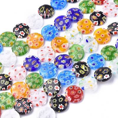 Flat Round Handmade Millefiori Glass Beads Strands LK-R004-63-1