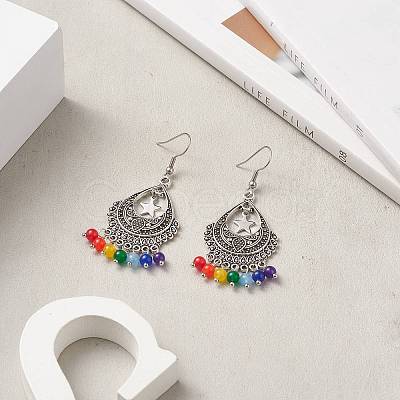 Dyed Natural Malaysia Round Beaded Alloy Teardrop Chandelier Earrings EJEW-JE05205-1