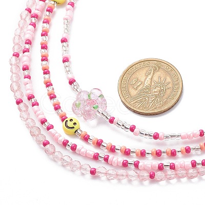 4Pcs 4 Style Smiling Face Flower Acrylic & Glass Seed Beaded Necklaces Set for Women NJEW-JN04015-1