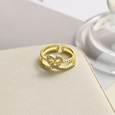 Heart Brass Micro Pave Cubic Zirconia Open Cuff Ring for Women RJEW-F154-03G-B-1