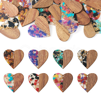 Pandahall 16Pcs 8 Colors Transparent Resin & Walnut Wood Pendants RESI-TA0002-16-1