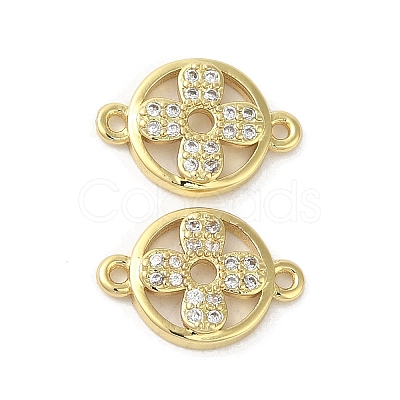 Rack Plating Brass Micro Pave Clear Cubic Zirconia Flat Round with Flower Connector Charms KK-C052-40G-1