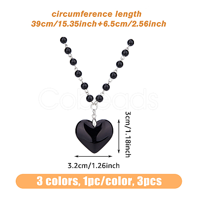 FIBLOOM 3Pcs 3 Colors Glass Heart Pendant Necklaces Set with Plastic Beaded Chains NJEW-FI0001-40-1