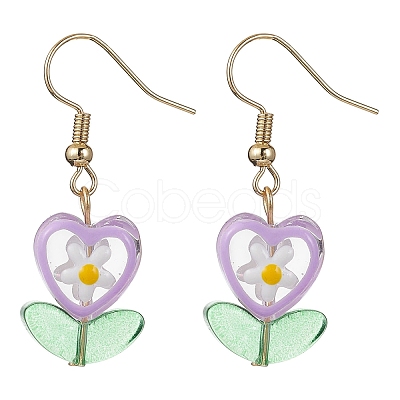 Glass Flower & Lampwork Leaf Dangle Earrings EJEW-JE05524-1