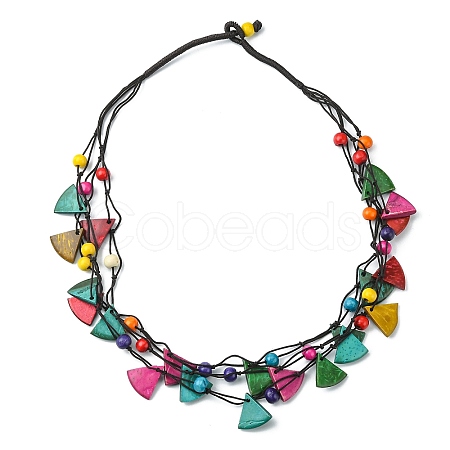 Dyed Natural Coconut Round & Fan Beaded Multi-strand Necklaces NJEW-B088-03-1