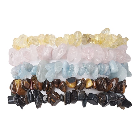 12 Constellation Natural Mixed Gemstone Chip Beaded Stretch Bracelets Sets for Women Men BJEW-JB10264-08-1