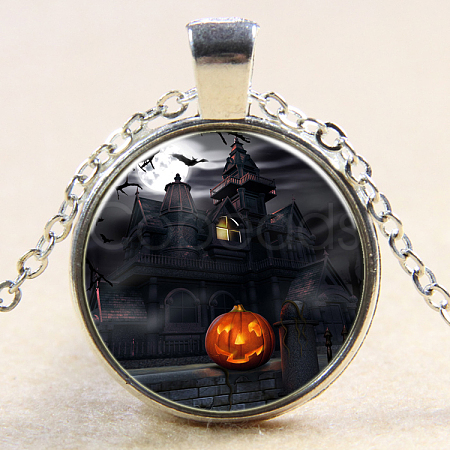 Halloween Picture Glass Pendant Necklaces NJEW-D280-47S-1