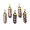 Natural Rhodonite Pointed Pendants, with Random Brass Pendant Hexagon Bead Cap Bails, Golden, Bullet, 38.5~40x12~12.5x10~11mm, Hole: 3x4.5mm