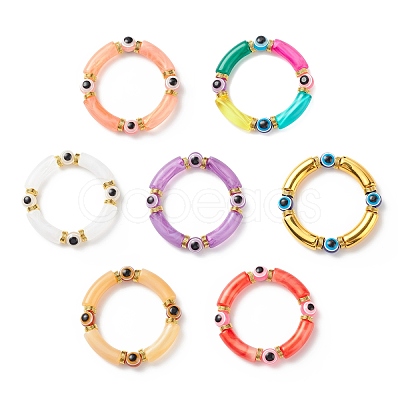 7Pcs 7 Color Acrylic Curved Tube & Plastic Evil Eye Beaded Stretch Bracelets Set BJEW-JB08962-1