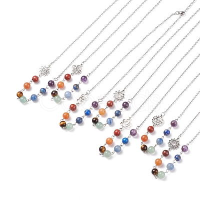 7Pcs 7 Style Natural Mixed Gemstone Beaded Pendant Necklace with Alloy 7 Chakra NJEW-JN03889-1