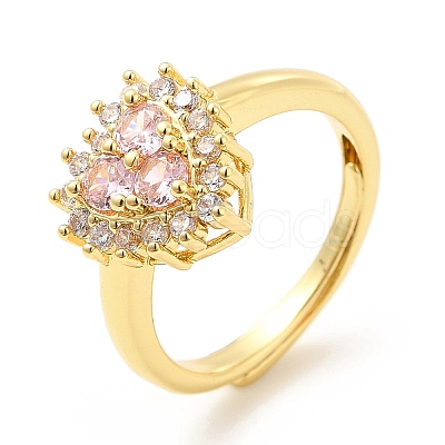 Rack Plating Brass Micro Pave Pink & Crystal Cubic Zirconia Heart Adjustable Rings RJEW-E064-17G-1