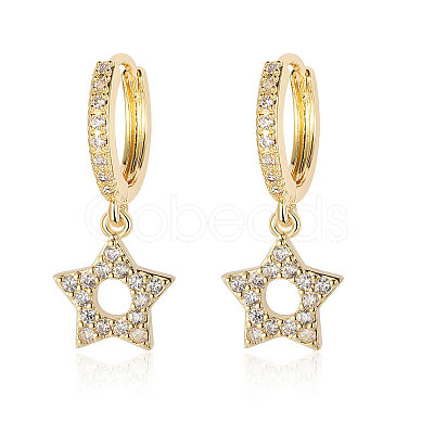 Clear Cubic Zirconia Star Dangle Hoop Earrings EJEW-OY001-18G-1