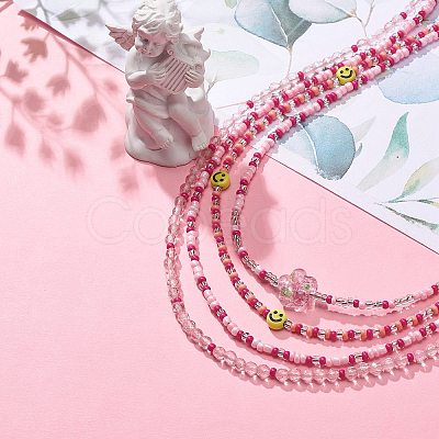 4Pcs 4 Style Smiling Face Flower Acrylic & Glass Seed Beaded Necklaces Set for Women NJEW-JN04015-1