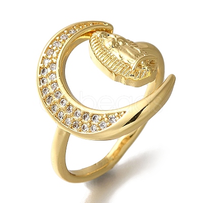 Rack Plating Moon & Saint Brass Clear Cubic Zirconia Open Cuff Rings RJEW-S411-07G-1