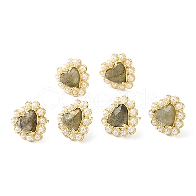 Ion Plating(IP) Natural Labradorite Heart Stud Earrings with Plastic Pearl Beaded EJEW-E599-02G-01-1